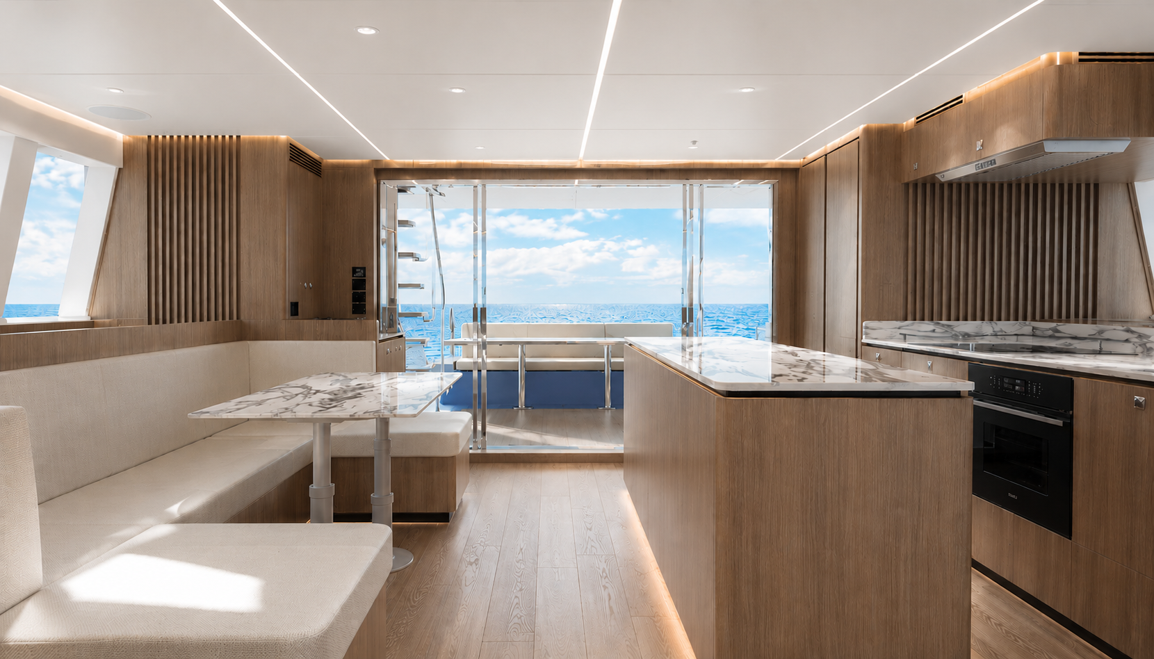 Galley and salon, looking aft