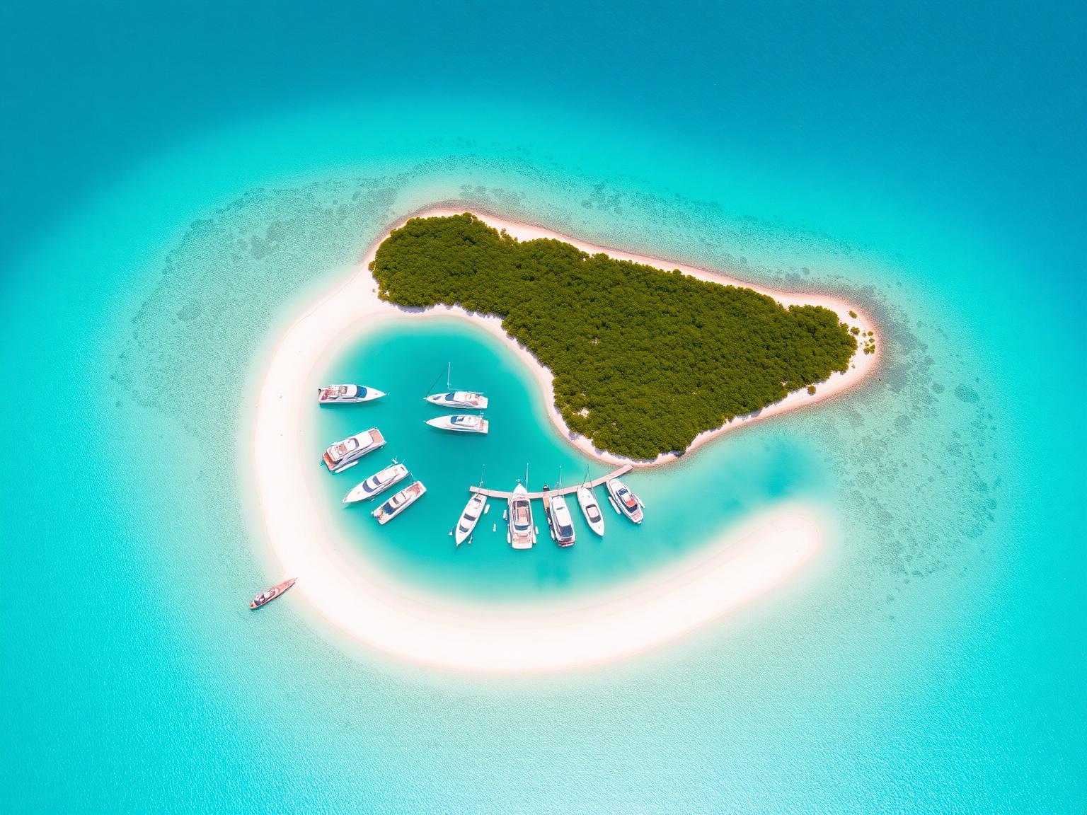 Aerial view of Marina Cay's lagoon with yachts on mooring balls