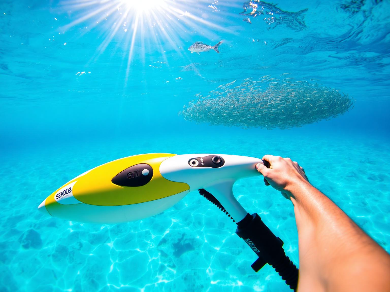 Snorkeler riding an underwater scooter above a Caribbean coral reef
