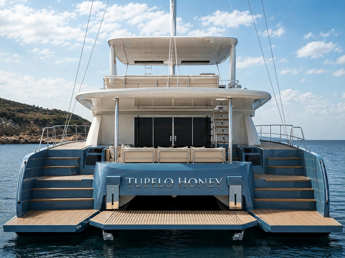 Tupelo Honey stern with name on transom and swim platforms deployed