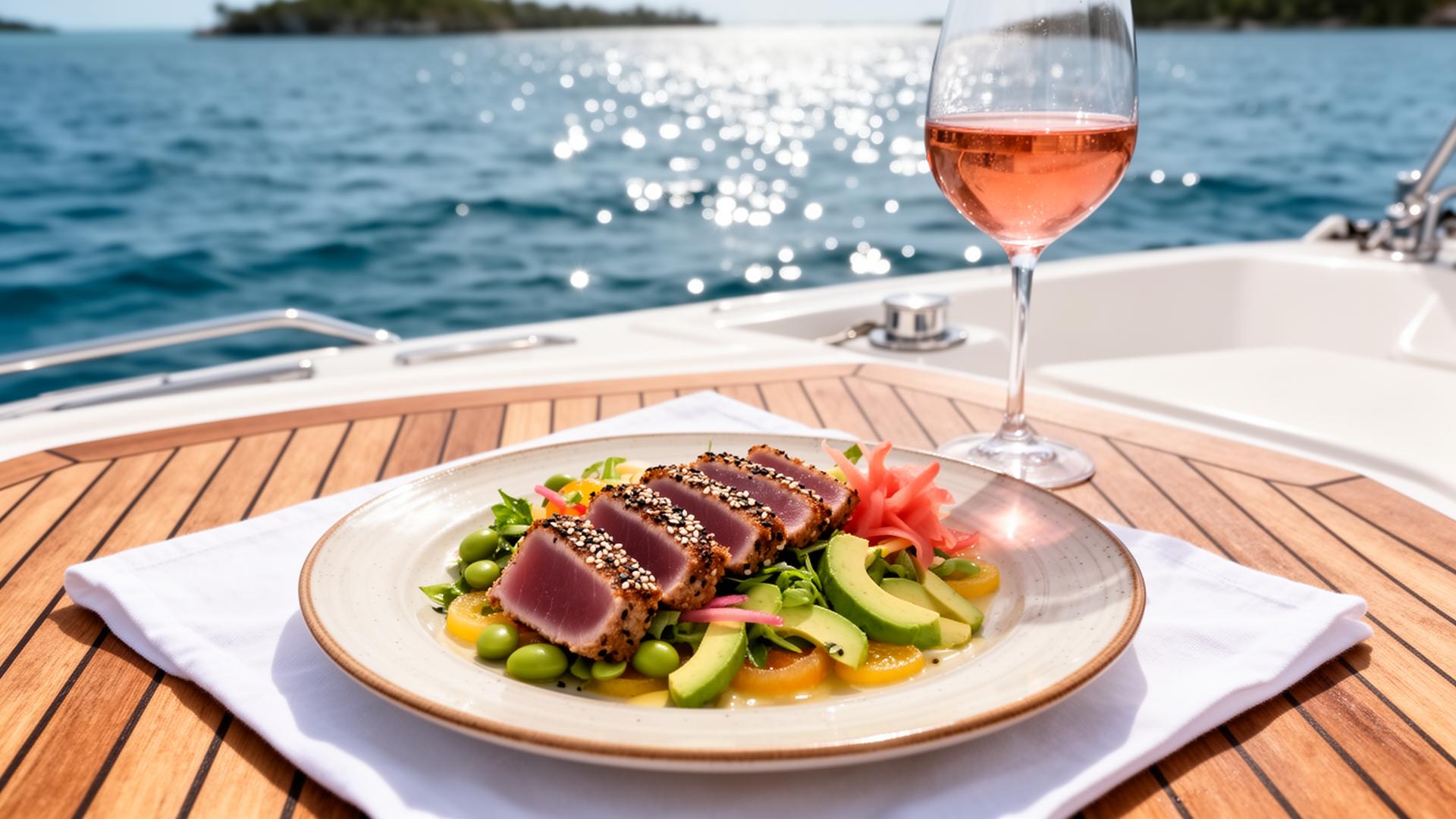 Seared tuna lunch plate with a glass of rosé on the cockpit table