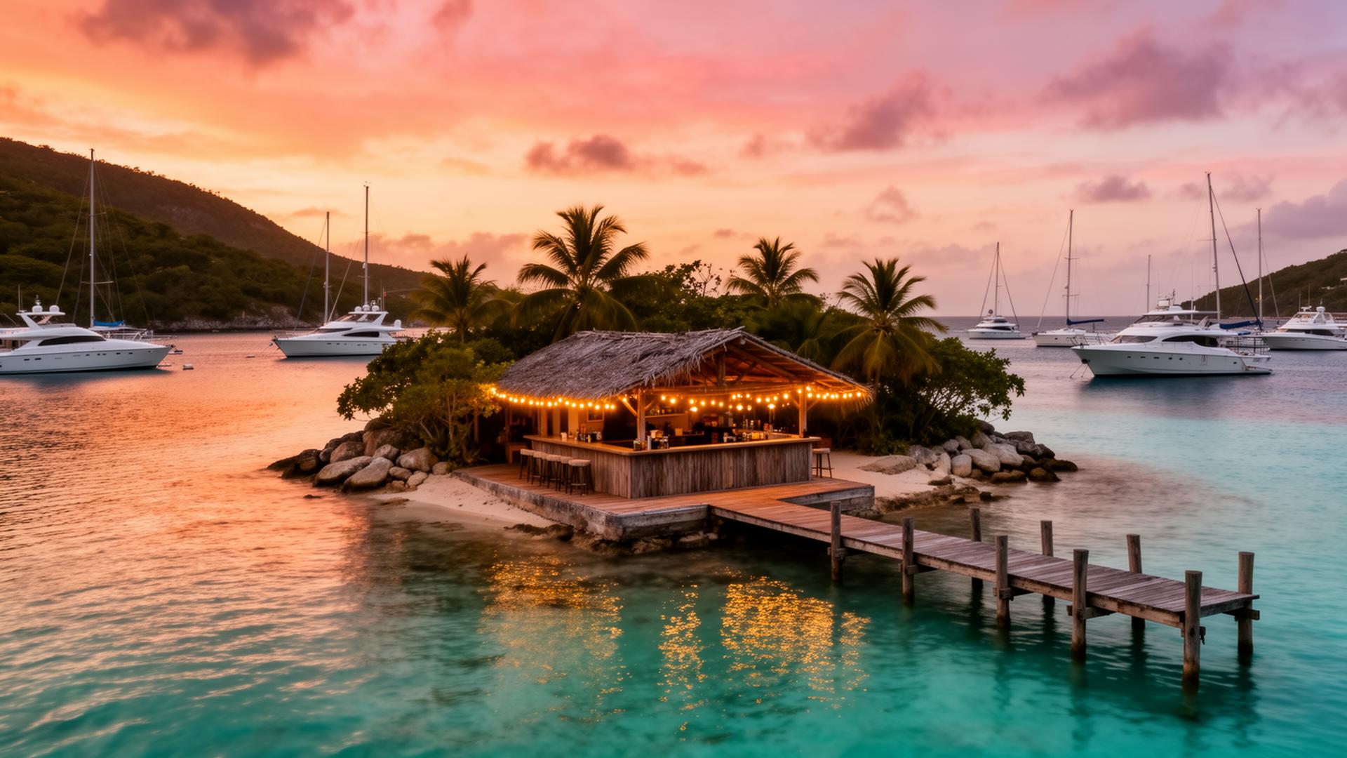 Saba Rock at sunset with yachts in the North Sound