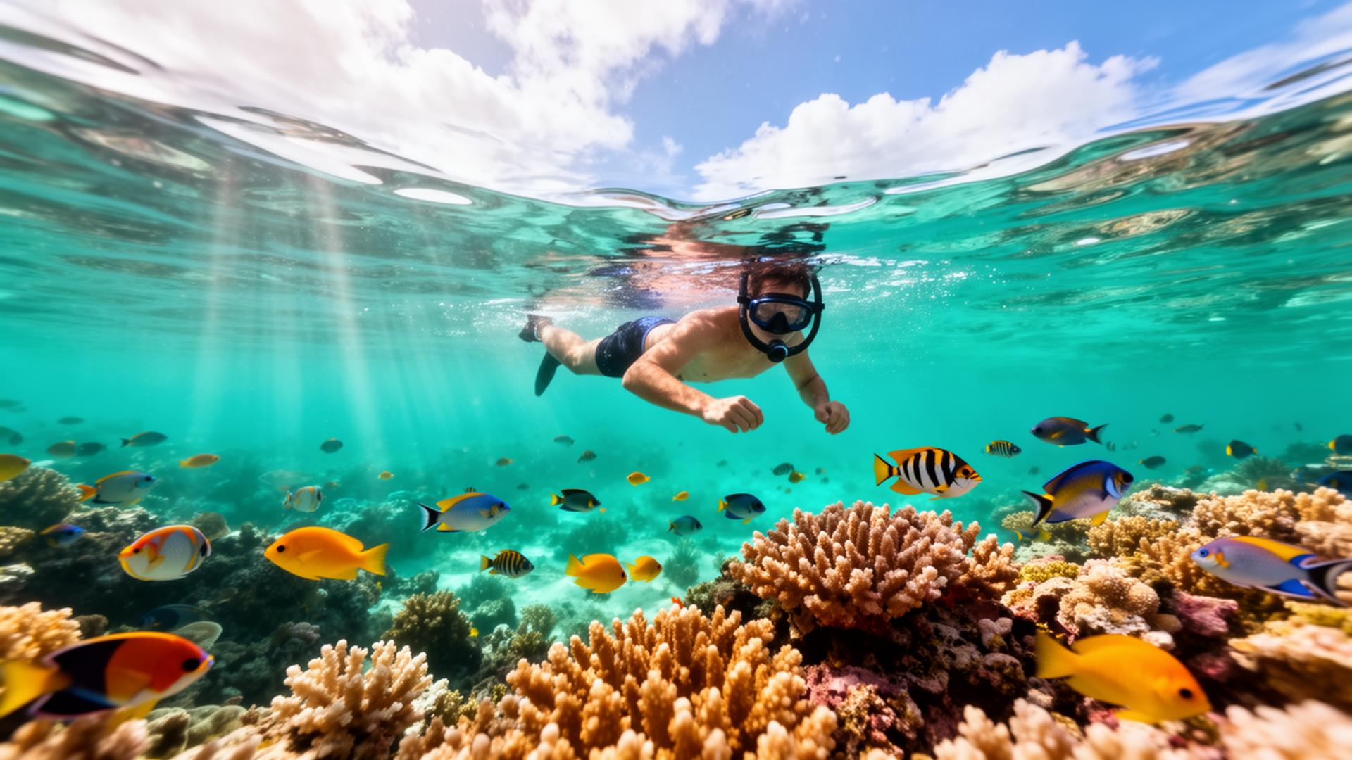 Snorkeler above a vibrant Caribbean coral reef