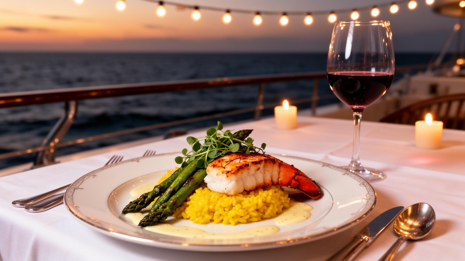 Candlelit lobster dinner aboard the yacht at sunset