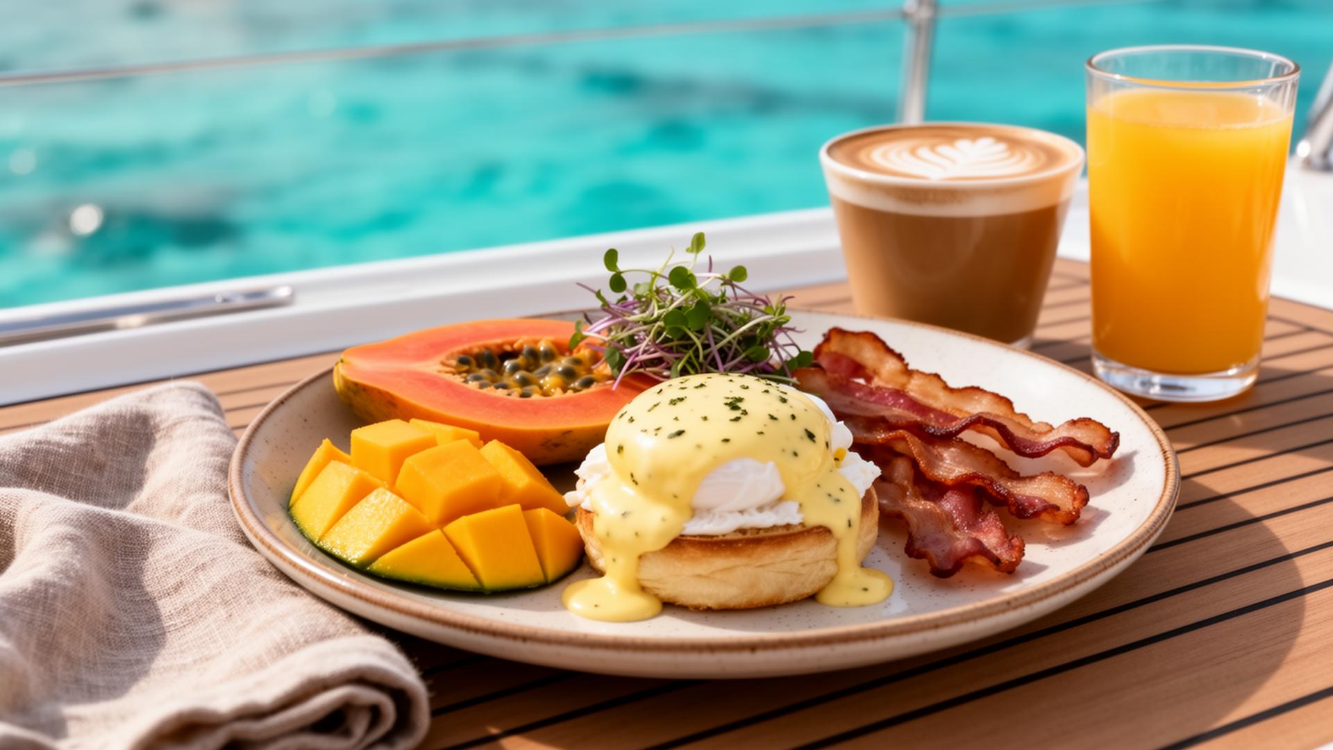 Tropical breakfast plate served on the yacht deck