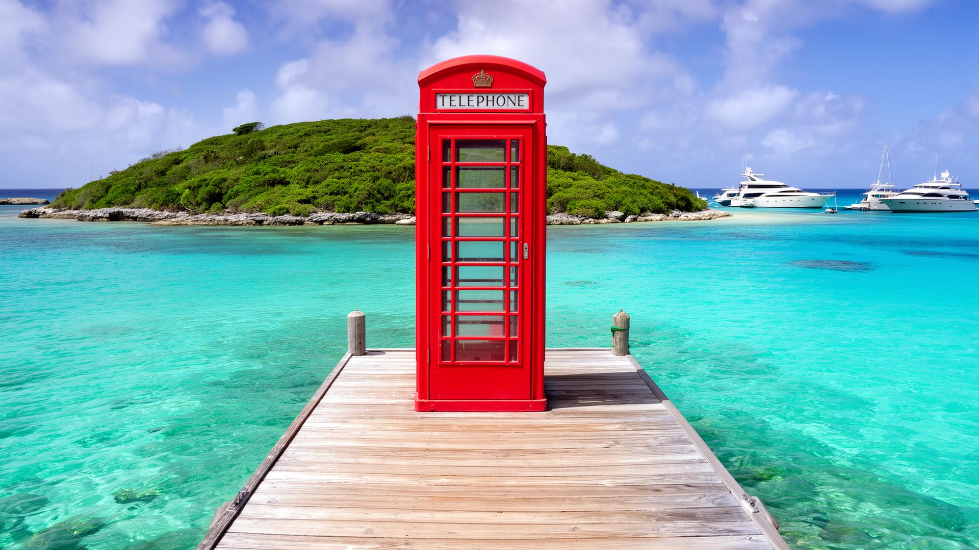 Red British telephone booth on the dock at Marina Cay, BVI